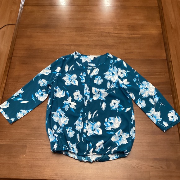 41 Hawthorn Teal Blue Floral Bubble Hem Blouse 3/4 Sleeve Top Medium - Picture 8 of 9